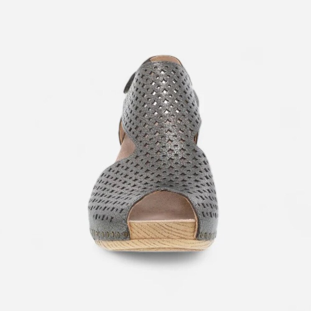 NEW Dansko Teagan Perforated Leather Peep Toe Heeled Sandals in Gunmetal - Picture 8 of 11